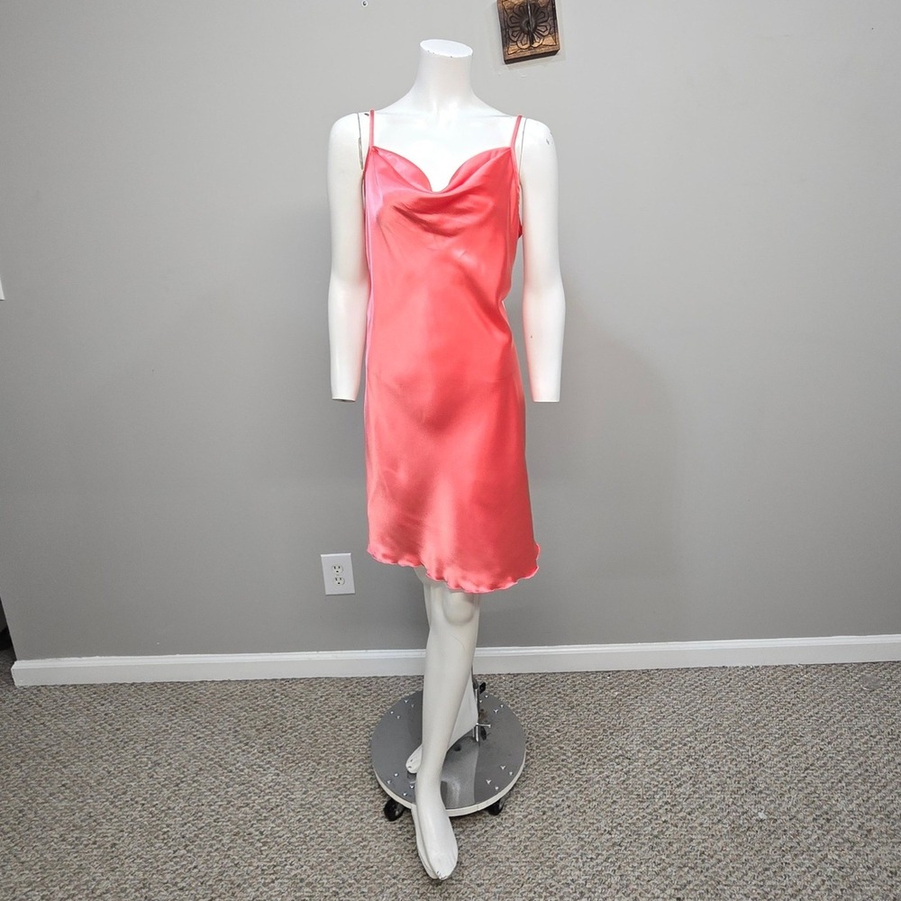 Vintage Y2K Bebe Slip Dress Large Pink Satin Bias Cut‎ Cowl Neck Mini Statement